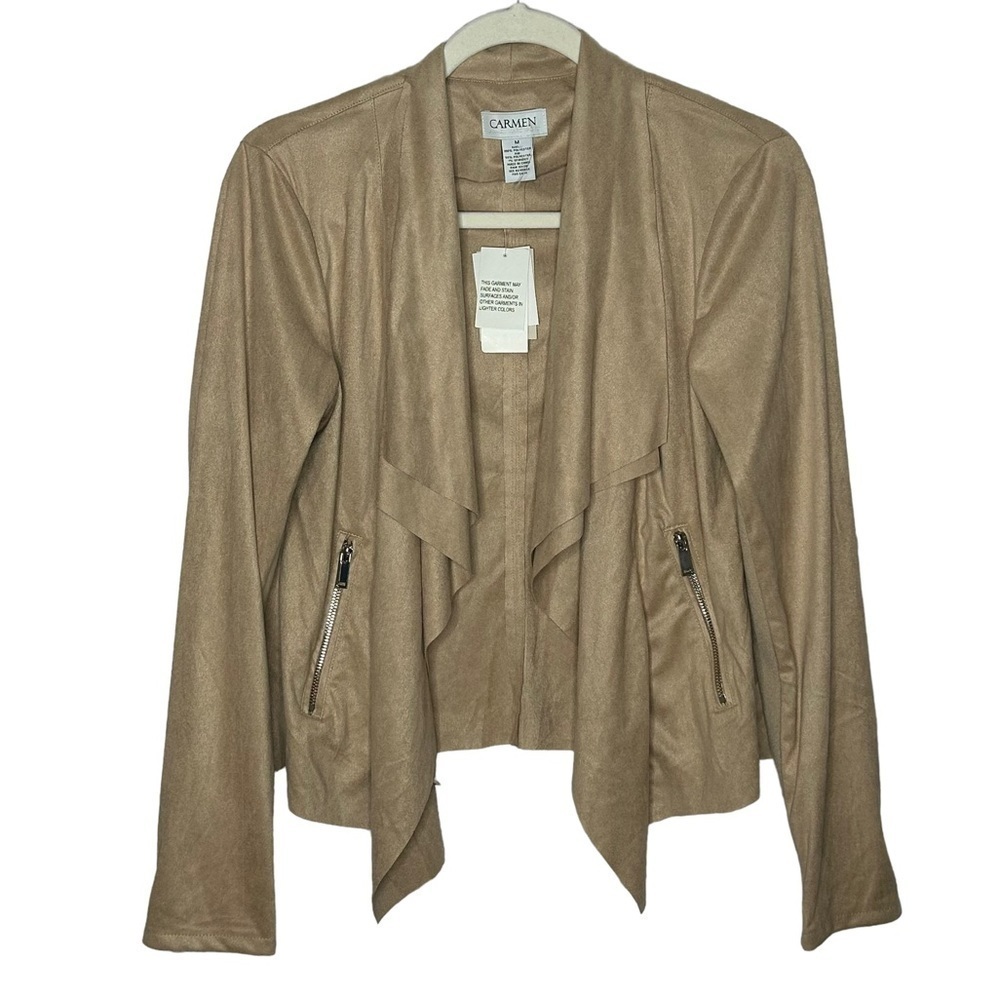 NWT Carmen Marc Valvo Faux Suede Draped Open Front Jacket- Zip Pockets - Picture 1 of 15
